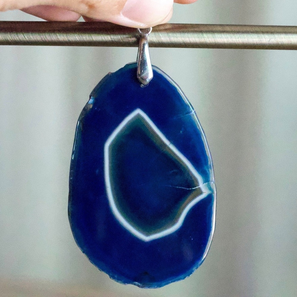 Blue Agate Geode Slice Pendant Polished Cobalt Stone Silver Tone Bail Bohemian
